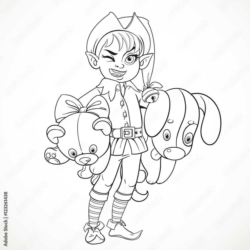Cute boy elf Santa's assistant holding underarm large plush toy Cute boy elf Santa's assistant holding underarm large plush toy