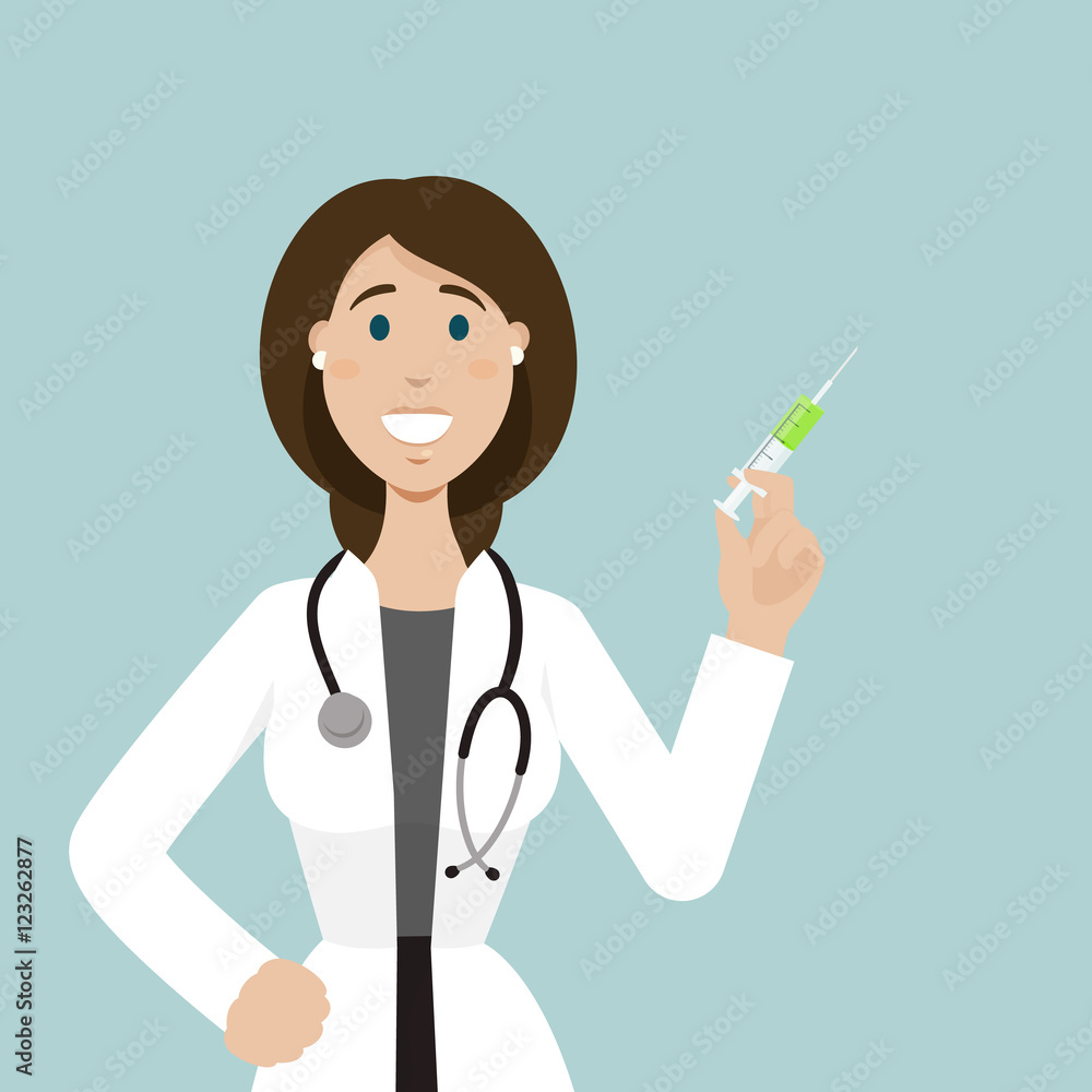 Smiling doctor hold a small syringe Smiling doctor hold a small syringe