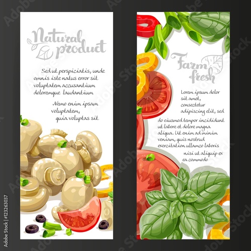 Two white vertical banners with fresh and marinated  vegetables