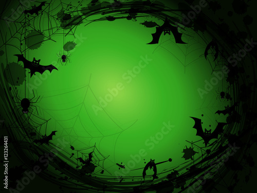 Abstract Halloween green background with black spider webs, spiders, bats and blobs