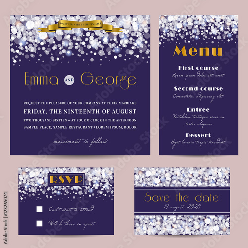 Elegant wedding set, decorated with glowing glitter.
