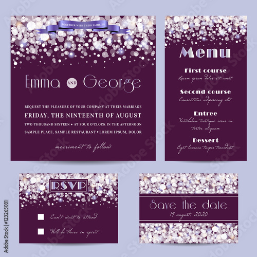Elegant wedding set, decorated with glowing glitter.