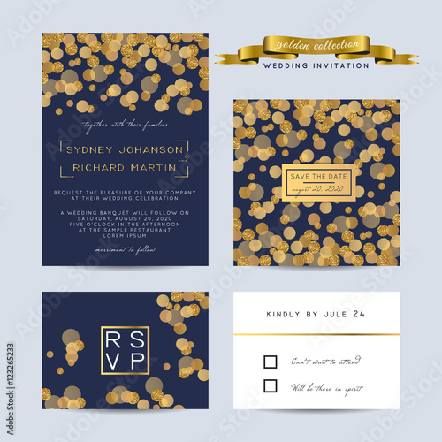 Elegant wedding set with rsvp and save the date cards, decorated with golden glitter.
