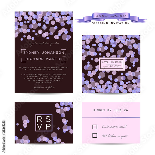 Elegant wedding set with rsvp and save the date cards, decorated with glowing glitter.