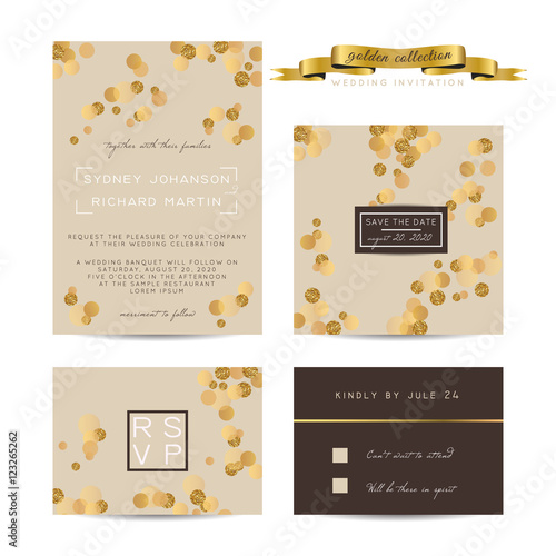 Elegant wedding set with rsvp and save the date cards, decorated with golden glitter.