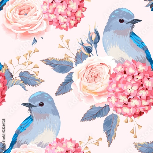 Seamless vintage flowers and birds
