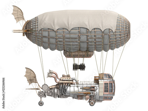 3d illustration of a fantasy airship in steampunk style on isolated white background