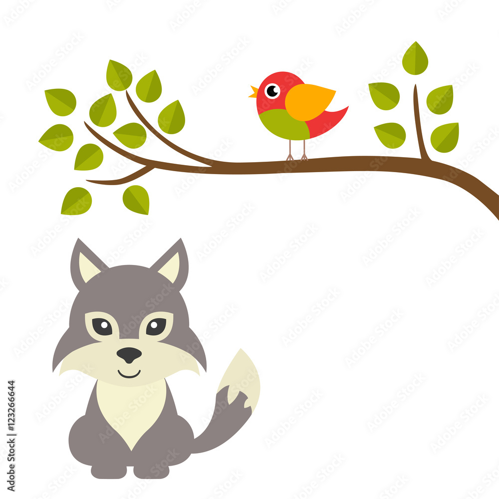 Obraz premium cartoon bird on a branch and wolf