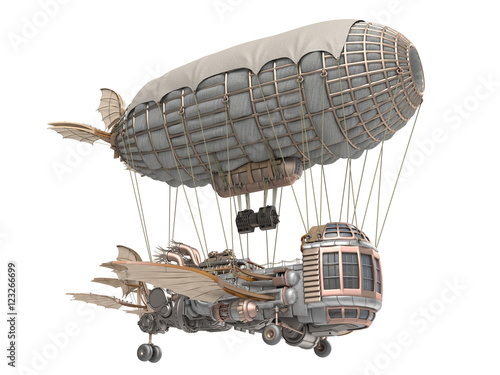 3d illustration of a fantasy airship in steampunk style on isolated white background