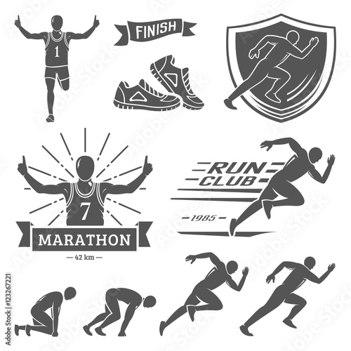 Run club labels, emblems and design elements. Vector set.