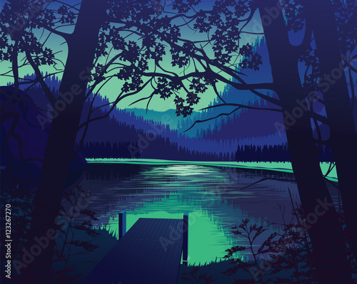 A high quality background of landscape with the wooden pier near the lake, forest and mountains. Twilight on a background of a mountain landscape. Flat style.