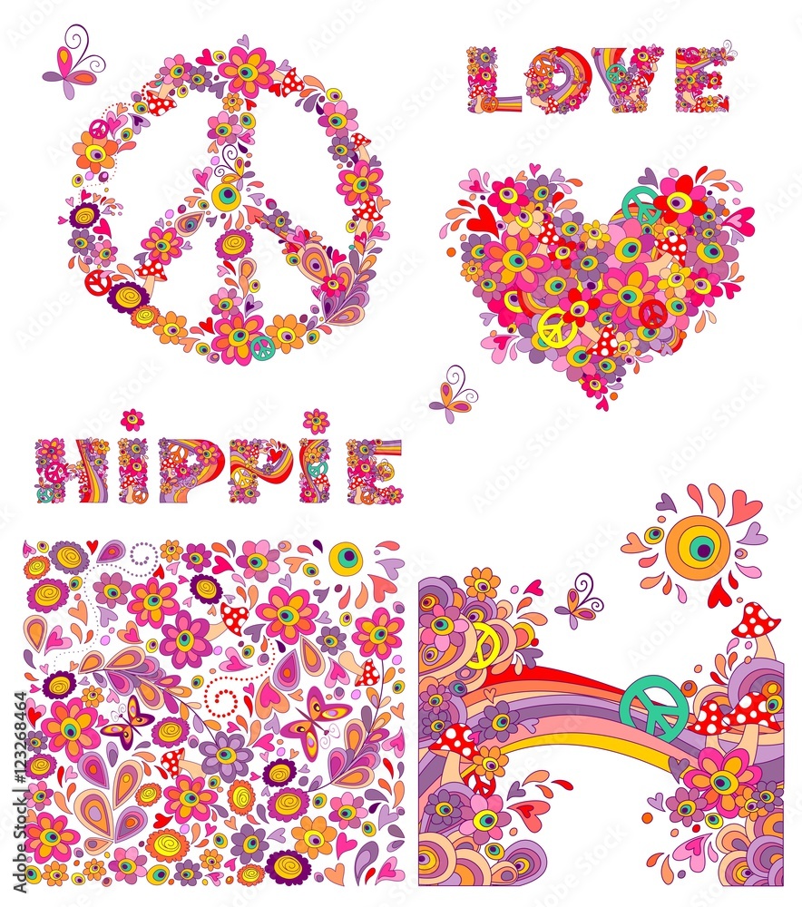 Set of hippie wallpaper with funny butterflies, colorful flowers and mushrooms, peace flowers symbol, heart shape Set of hippie wallpaper with funny butterflies, colorful flowers and mushrooms, peace flowers symbol, heart shape