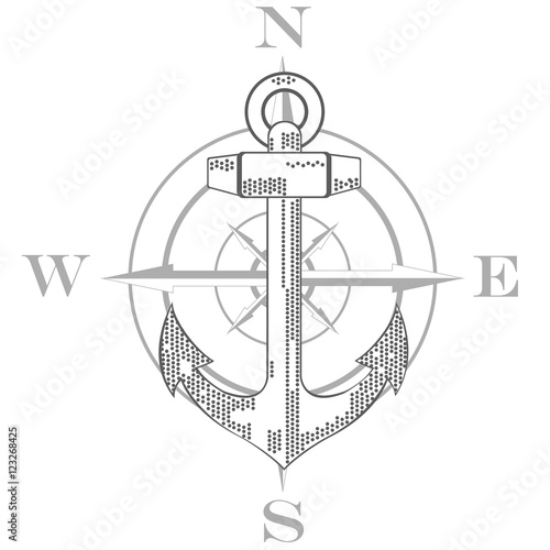 Nautical emblem. Anchor and wind rose. Flat design. Vector illustration