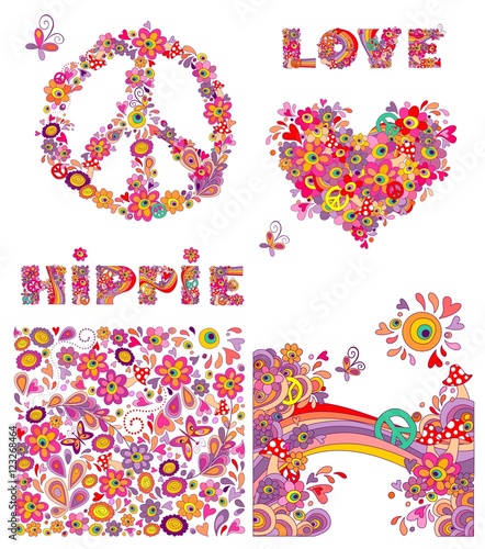 Set of hippie wallpaper with funny butterflies, colorful flowers and mushrooms, peace flowers symbol, heart shape