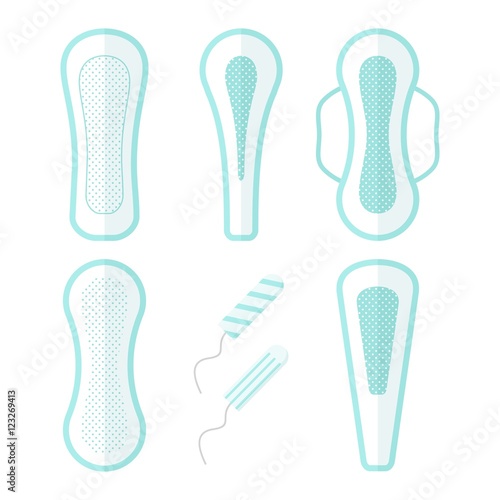 Women hygiene pads set of vector icons isolated on white background. Hygiene pads types, feminine hygiene sanitary napkin products. Means personal hygiene design elements in flat style.