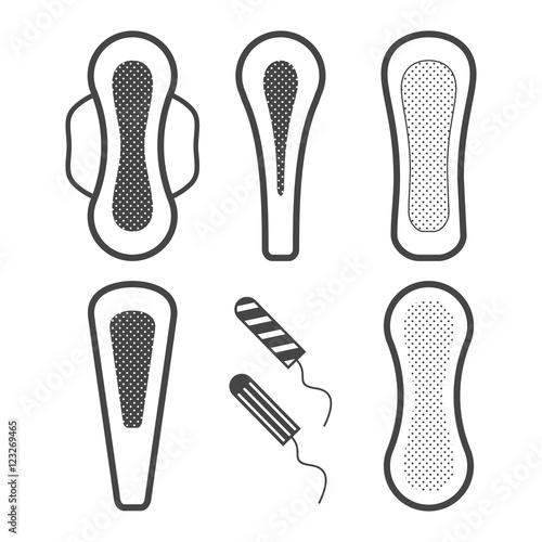 Women hygiene pads set of vector icons isolated on white background. Hygiene pads types, feminine hygiene sanitary napkin products. Means personal hygiene design elements in flat style.