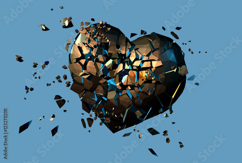 Gold polygonal broken heart on blue background