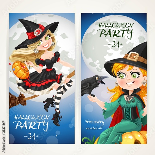 Vertical banners for Halloween party with witch flying on a broo photo