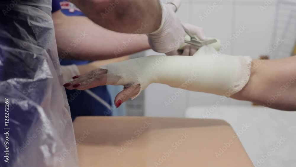Doctor lay on gypsum on the hand female patient