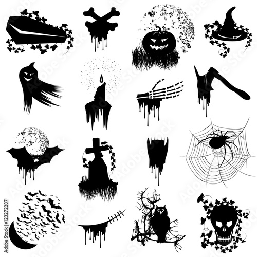 Large set of black silhouette Halloween icons