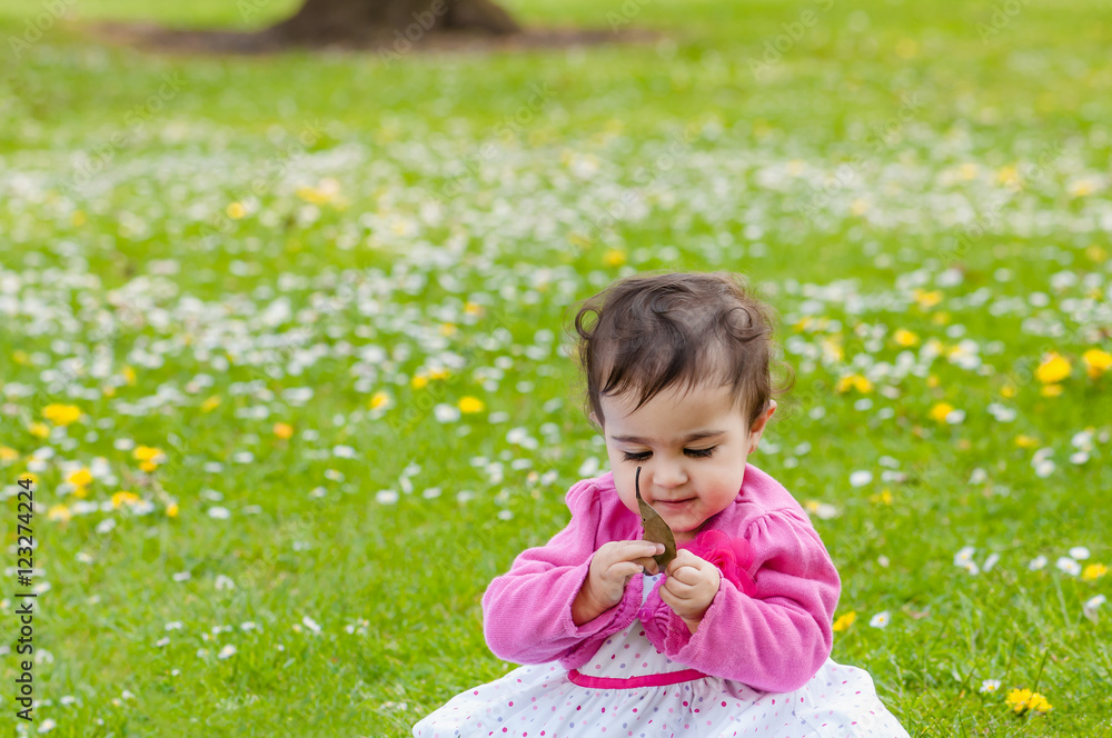 Cute chubby toddler looking at a leaf curiously exploring nature outdoors in the park Cute chubby toddler looking at a leaf curiously exploring nature outdoors in the park