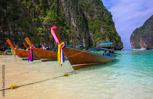 Longtail boats in Maya bay's sandy beach, Koh Phi Phi  19/12/2014