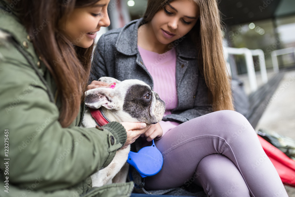 Young woman enjoying outdoors with their adorable french bulldog.