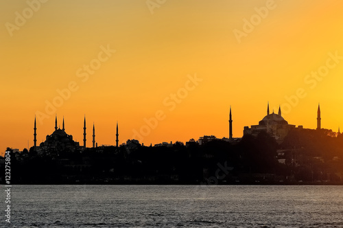 Silhouette of Blue Mosque and Aya Sofya in Istanbul