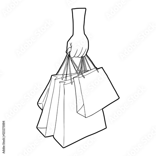 A hand holding shopping bags icon. Outline illustration of a hand holding shopping bags vector icon for web
