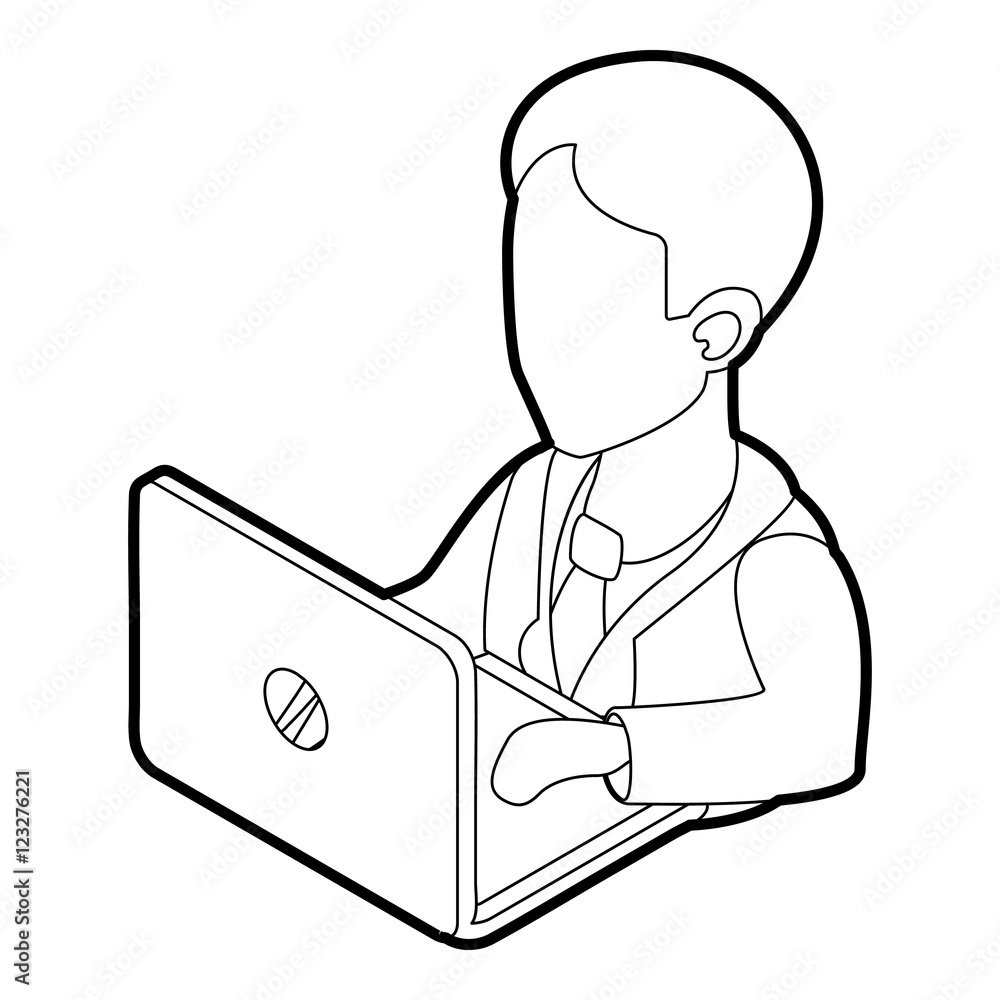 Businessman using his laptop icon. Outline illustration of businessman and laptop vector icon for web Businessman using his laptop icon. Outline illustration of businessman and laptop vector icon for web