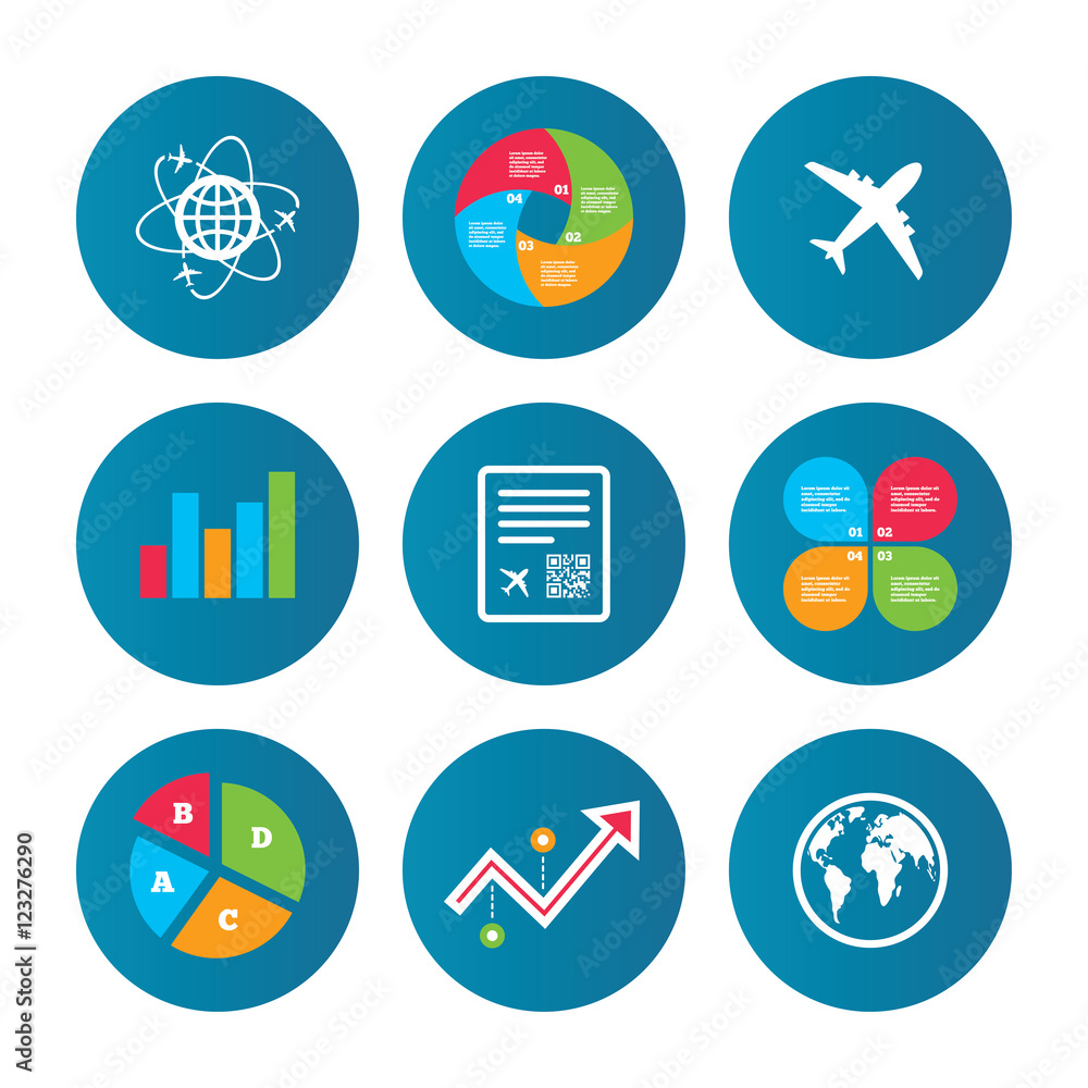 Airplane icons. World globe symbol. Airplane icons. World globe symbol.