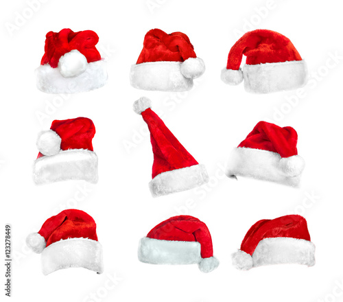 set of Santa's hats isolated on white with clipping path
