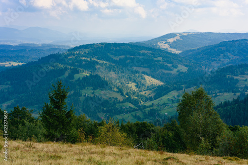Carpathian Mountains in Summer. Beautiful nature landscape with mountains, trees and blue sky with clouds © zlatamarka