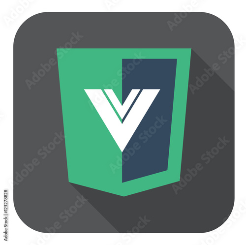 vector web development shield sign html5 javascript V letter symbol icon on grey badge with long shadow