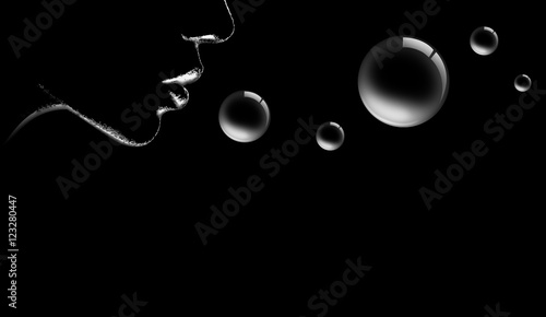 Burbujas, perfil, mujer, fondo negro photo
