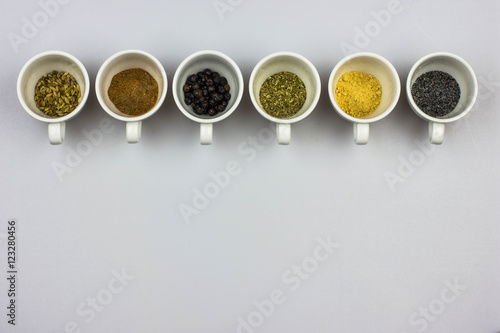 Herbal tea ingredients - fennel seeds, cinnamon, juniper seeds, mallow, ginger, poppy seeds