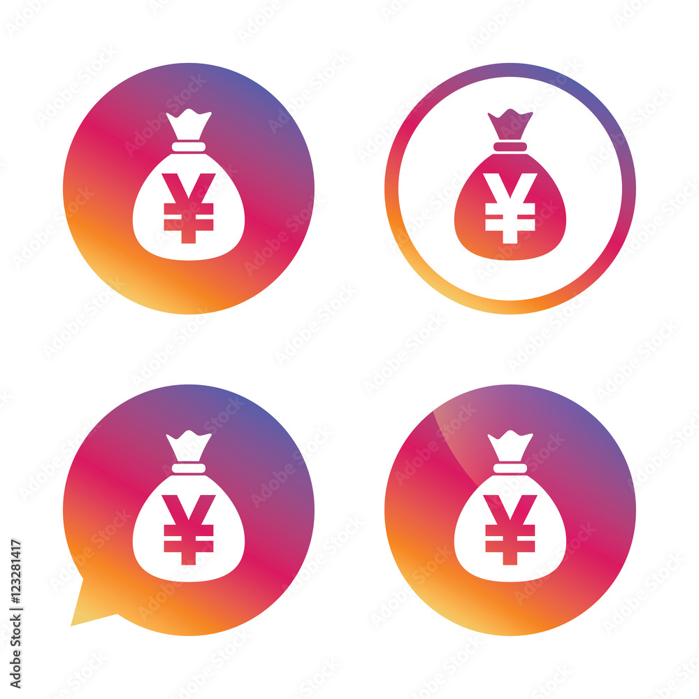 Money bag sign icon. Yen JPY currency. Money bag sign icon. Yen JPY currency.
