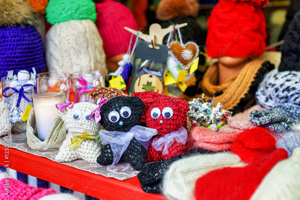 Little knitted cat toys displayed at Riga Christmas market