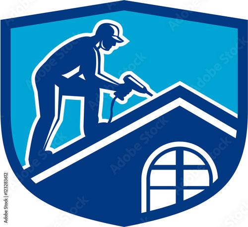 Roofer Construction Worker Working Shield Retro