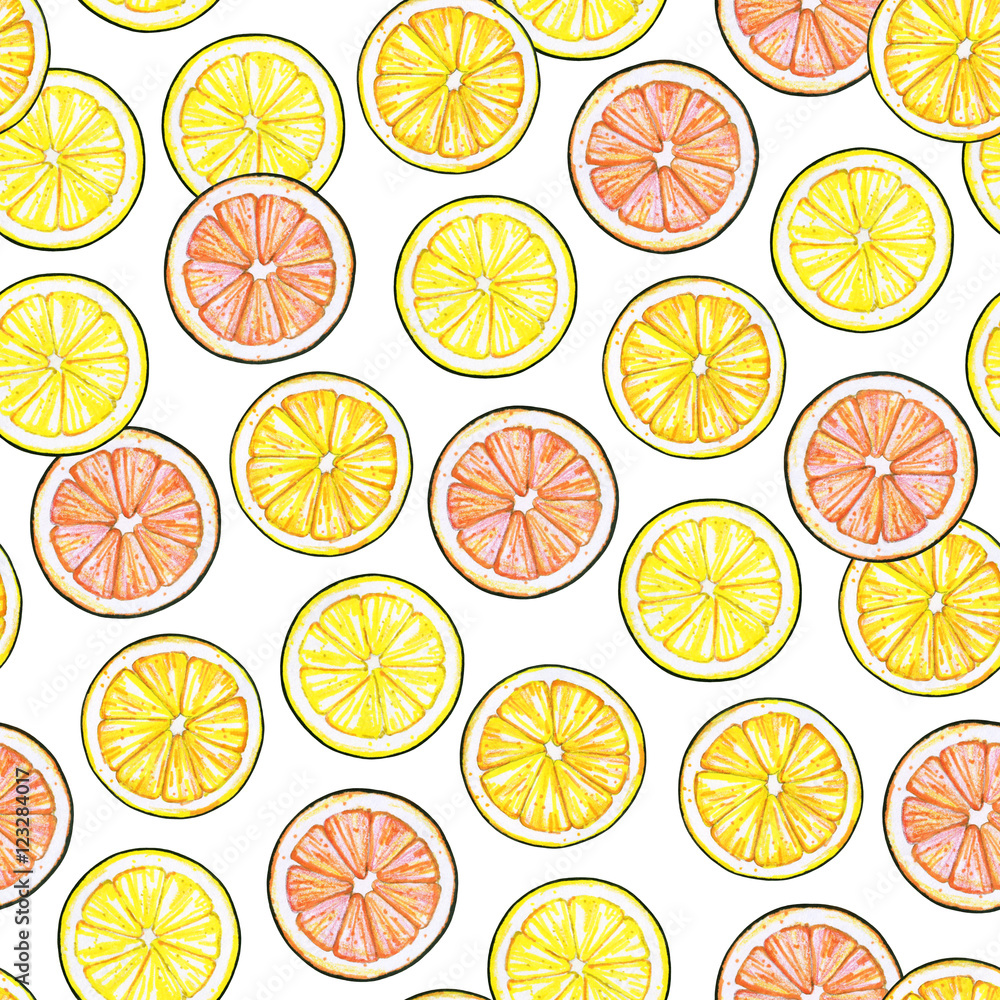 Segments of a yellow lemon of orange orange of red grapefruit fruits isolated on white background. Hand work drawing. Seamless pattern for design