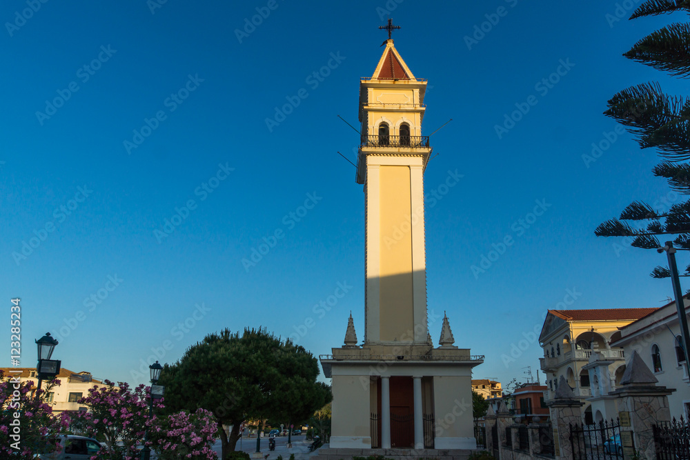 Sunset view of bell tower of Cathedral of Saint Dionysios in Zakynthos City, Greece