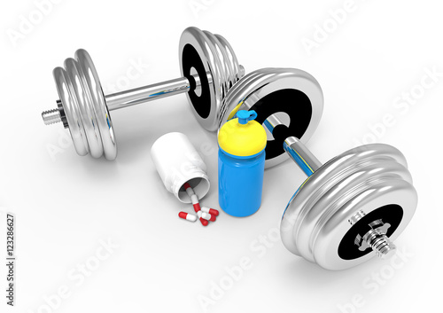 Dumbbells with vial of pills