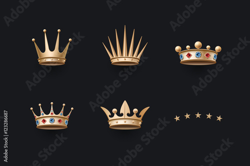 Set of royal gold crowns icons. Isolated luxury elements for branding, label, game, hotel, graphic design. Collection crowns for royal persons, king, queen, princess. Vector Illustration