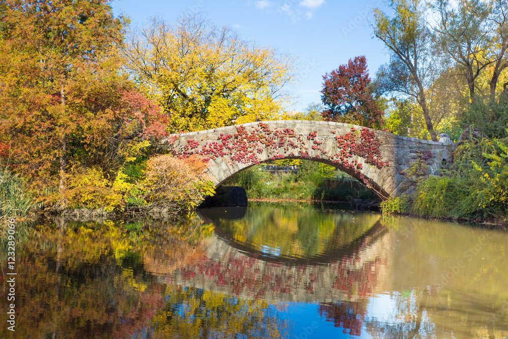 Colorful autumn view of Central Park in New York City at landmark Gapstow Bridge