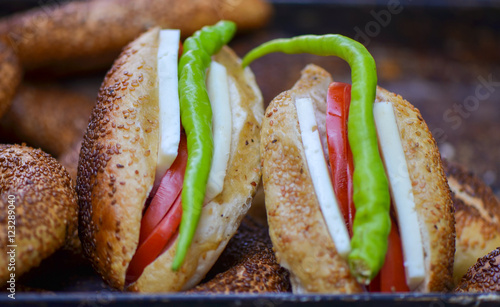 Sandwich (Turkish name is Kumru) and Turkish Traditional Bakery Bagel, Turkish donut, called as Simit in Turkish