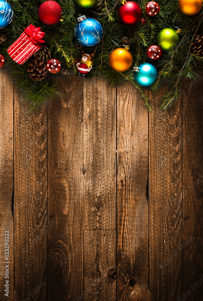 Merry Christmas Frame with real wood green pine and colorful baubles, Merry Christmas Frame with real wood green pine and colorful baubles,