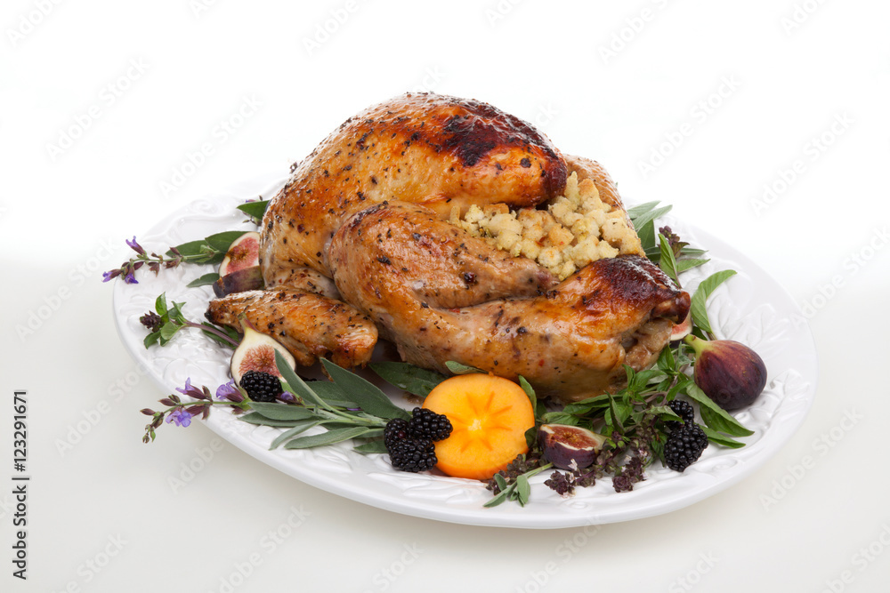 Garnished turkey on serving tray Garnished turkey on serving tray