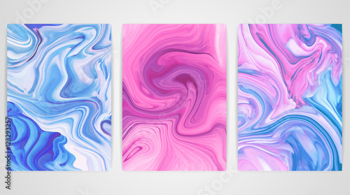 Three paintings with marbling. Marble texture. Paint splash. Colorful fluid. It can be used for poster, brochure, invitation, cover book, catalog. Size A4. Vector illustration, eps10.