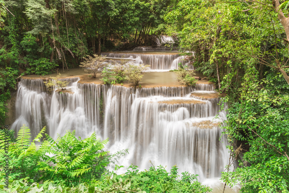 Beautiful nature Waterfall in Kanjanaburi, Thailand (Huai Mae Khamin Falls) and forrest Beautiful nature Waterfall in Kanjanaburi, Thailand (Huai Mae Khamin Falls) and forrest