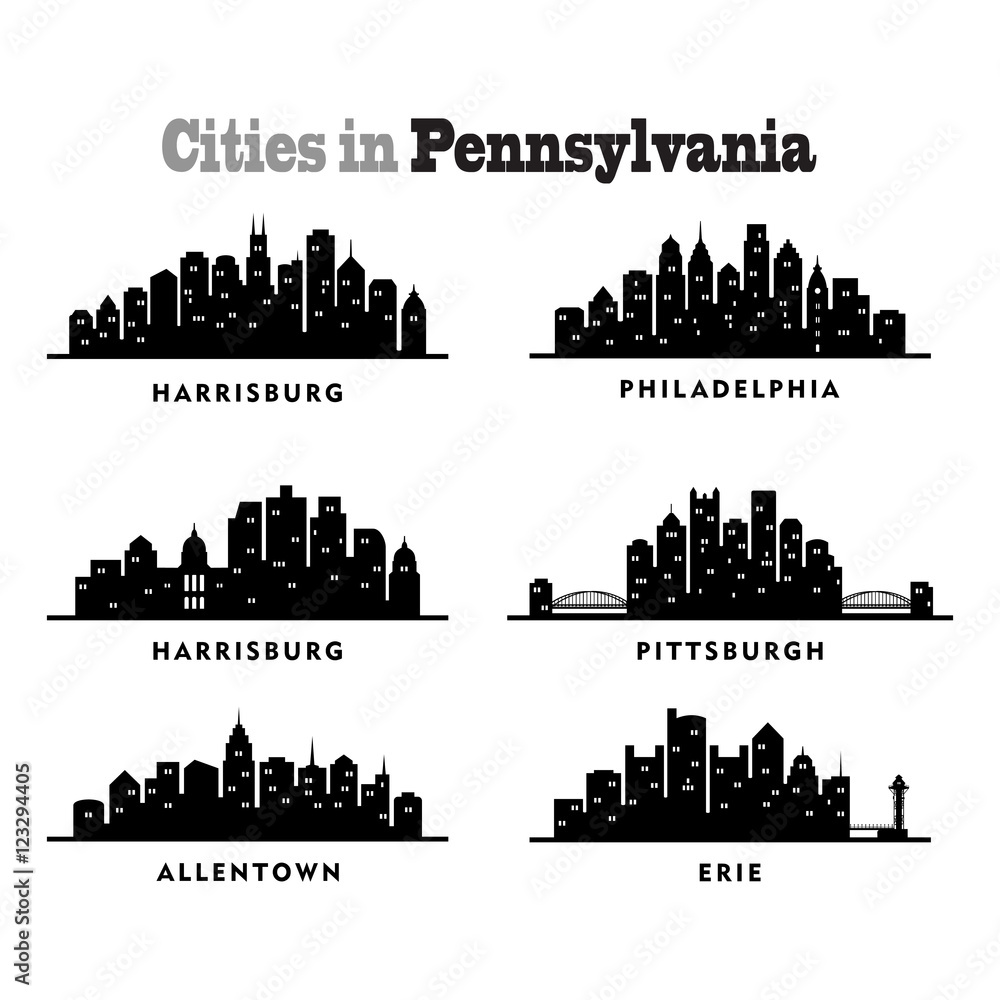 City Skyline Cityscape of Cities in Pennsylvania - Silhouette - obrazy, fototapety, plakaty 